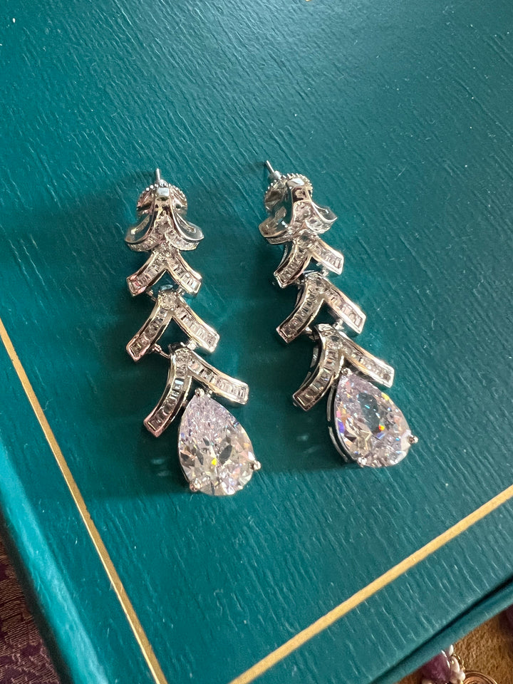 Designer Crystal CZ Earrings | SHIVKA | Rhodium Plated Festive Shine