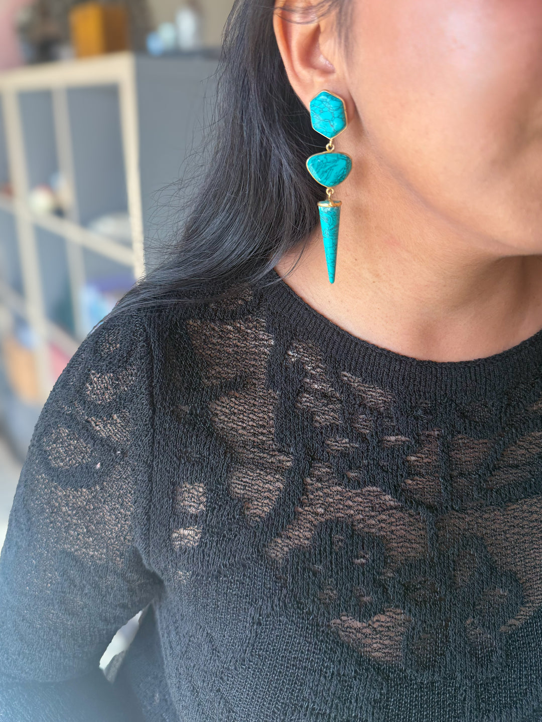 Handmade Turquoise 3 Tier Earrings | Gold Polish Brass Push Back Statement Earrings