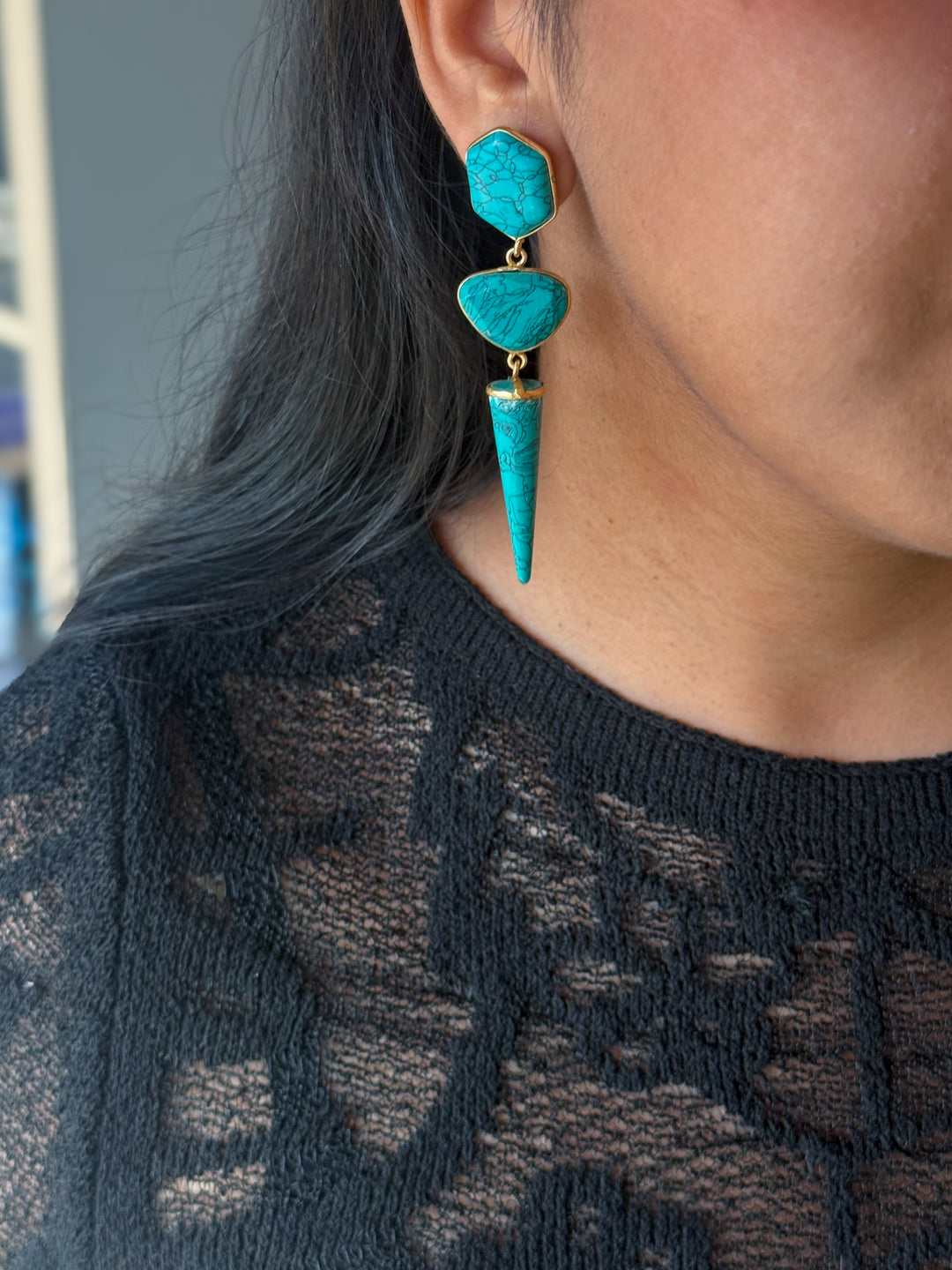 Handmade Turquoise 3 Tier Earrings | Gold Polish Brass Push Back Statement Earrings