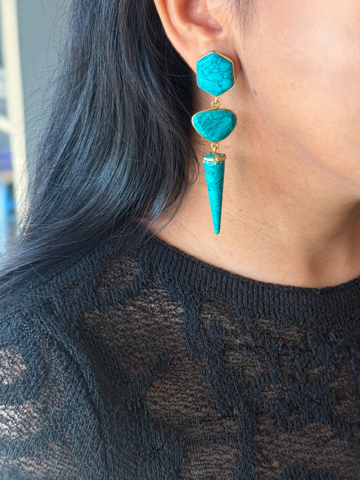 Handmade Turquoise 3 Tier Earrings | Gold Polish Brass Push Back Statement Earrings