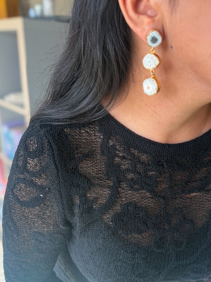 Handmade Raw Stone 3 Tier Earrings | Gold Polish Brass Push Back Statement Earrings