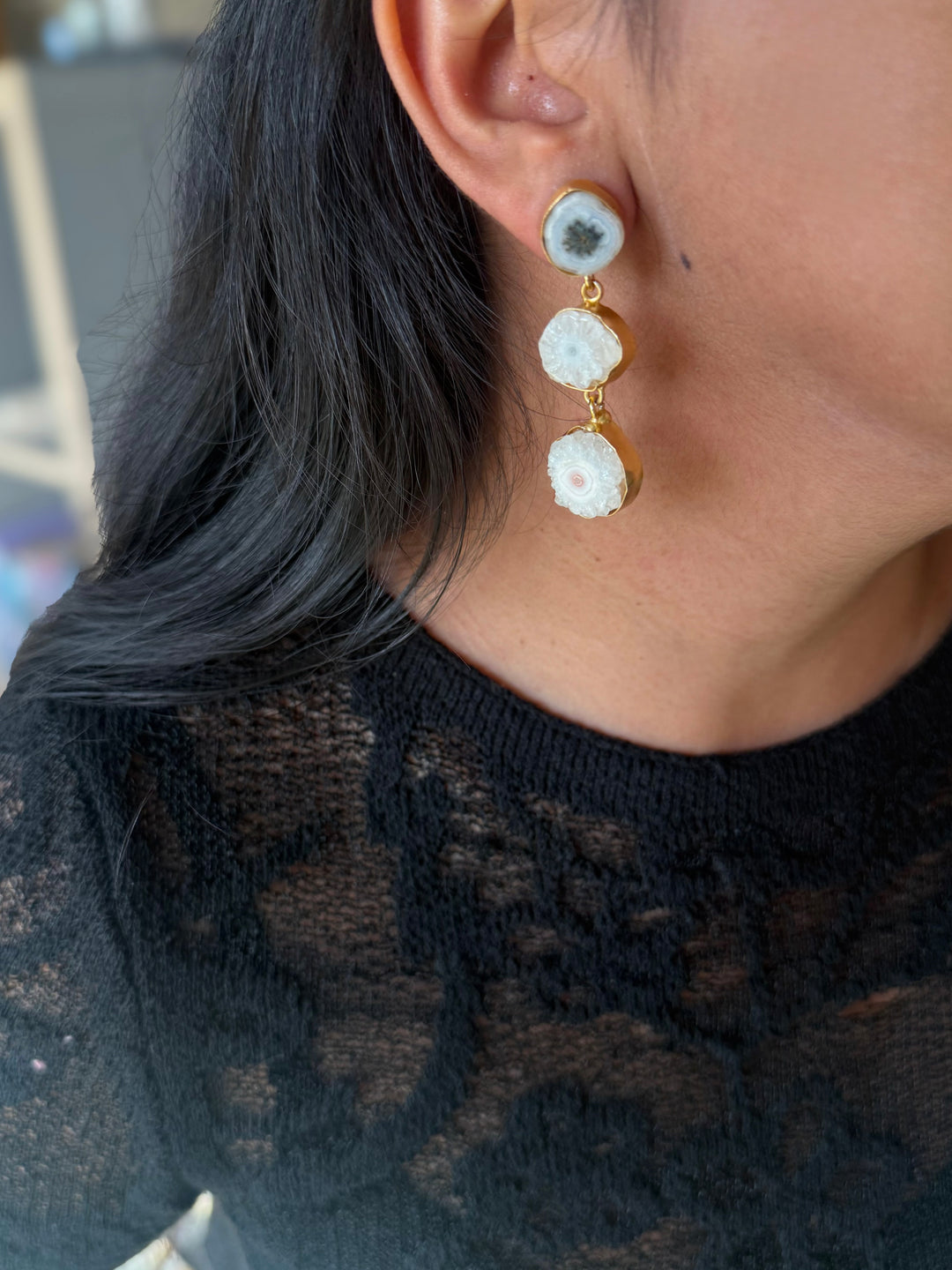 Handmade Raw Stone 3 Tier Earrings | Gold Polish Brass Push Back Statement Earrings