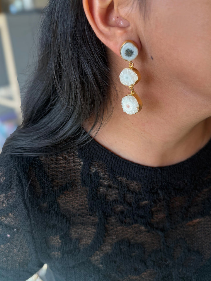Handmade Raw Stone 3 Tier Earrings | Gold Polish Brass Push Back Statement Earrings