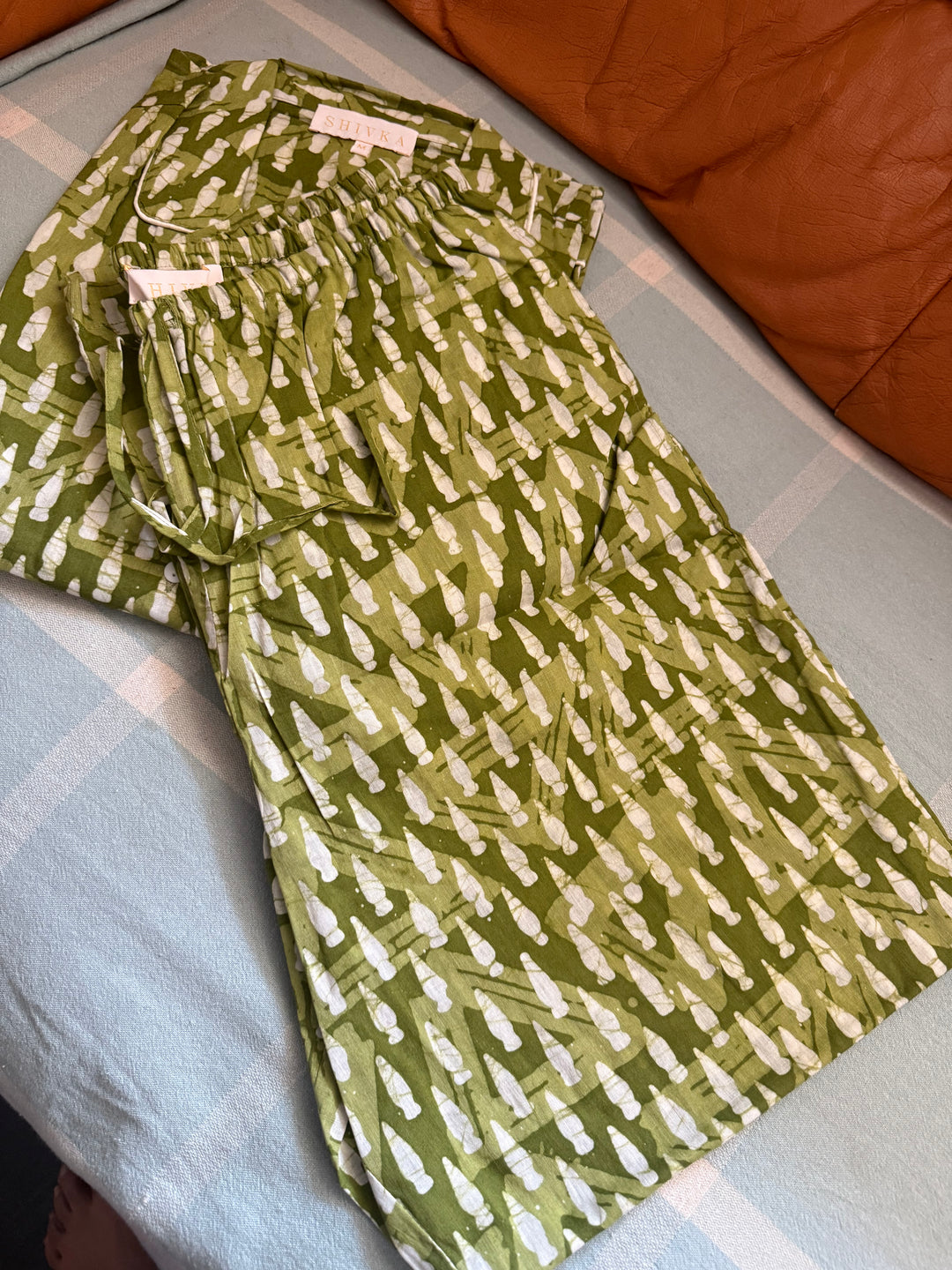 Olive Green Print Cotton Night Suit