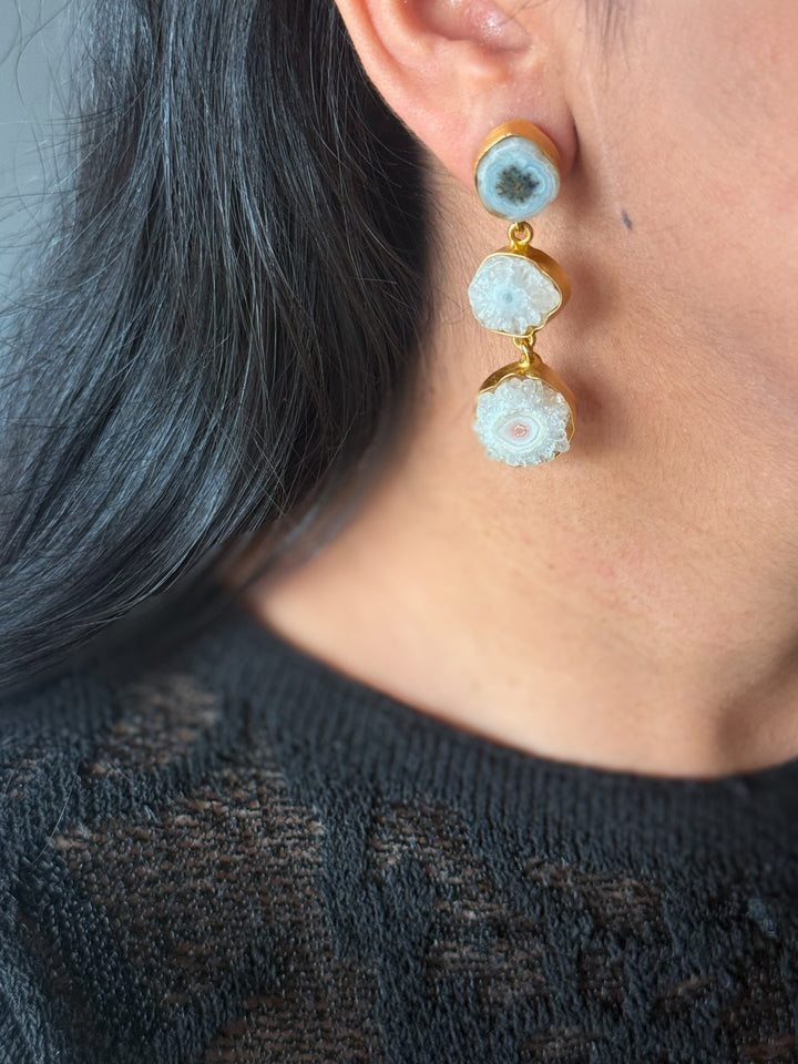 Handmade Raw Stone 3 Tier Earrings | Gold Polish Brass Push Back Statement Earrings