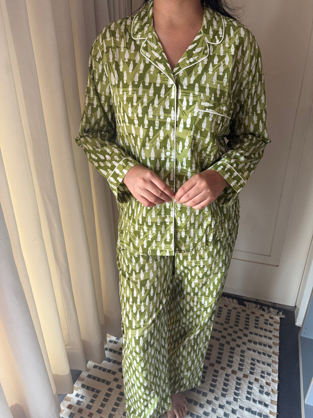 Olive Green Print Cotton Night Suit