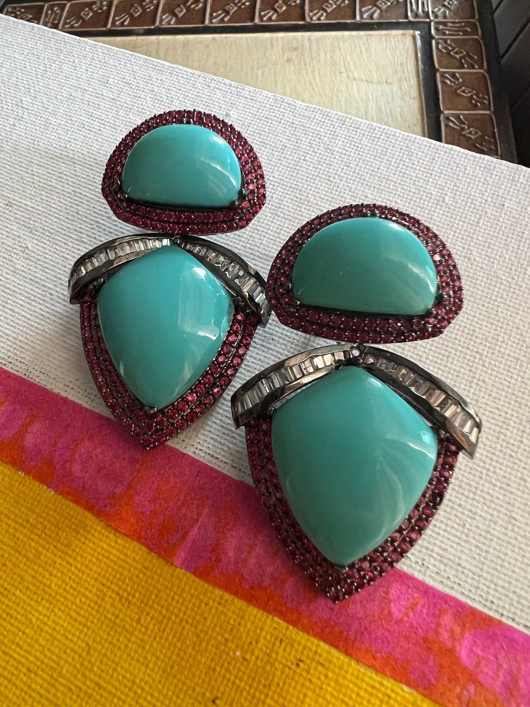 Designer Turquoise Earrings | SHIVKA | Rhodium Plated Festive Statement