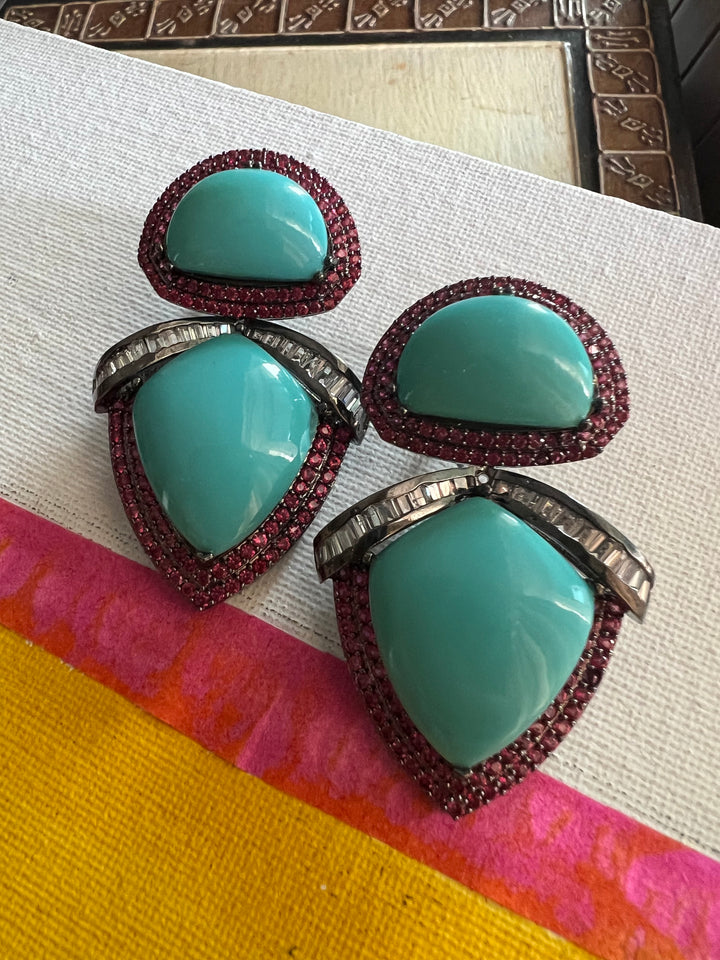Designer Turquoise Earrings | SHIVKA | Rhodium Plated Festive Statement