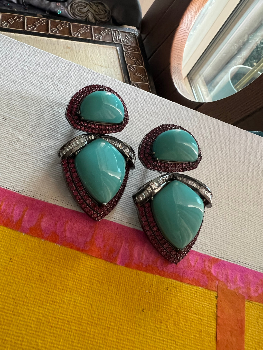 Designer Turquoise Earrings | SHIVKA | Rhodium Plated Festive Statement