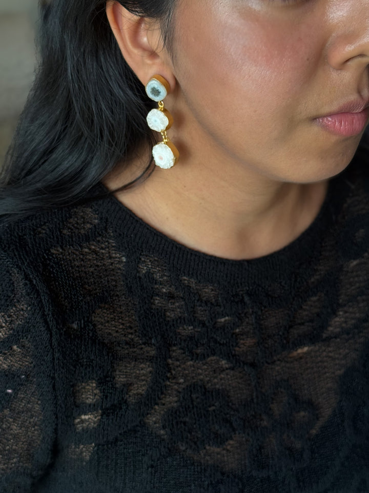 Handmade Raw Stone 3 Tier Earrings | Gold Polish Brass Push Back Statement Earrings