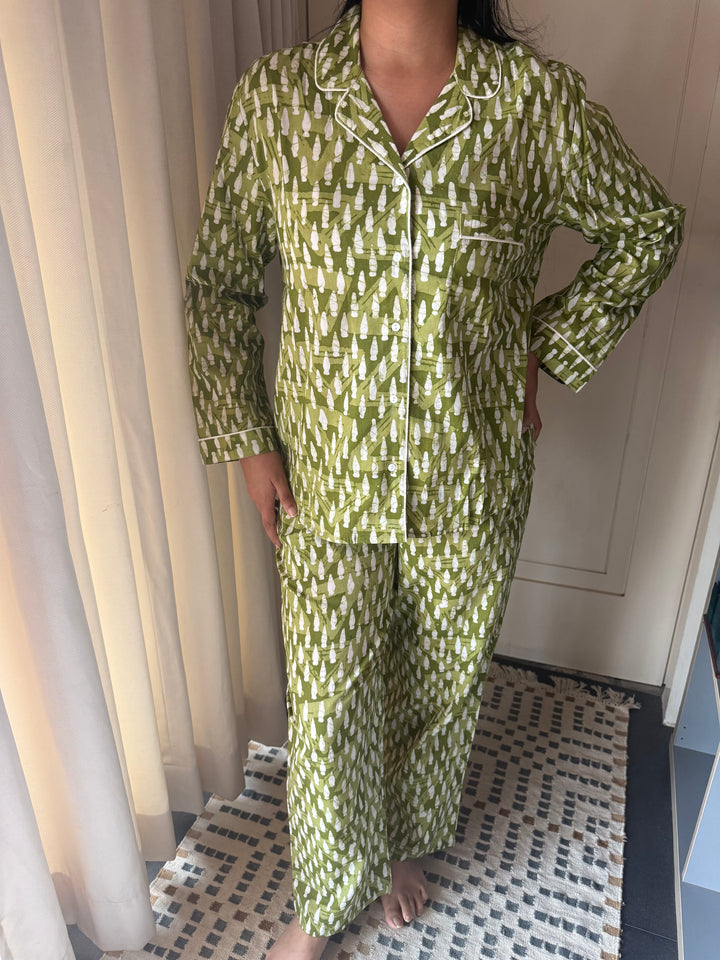 Olive Green Print Cotton Night Suit