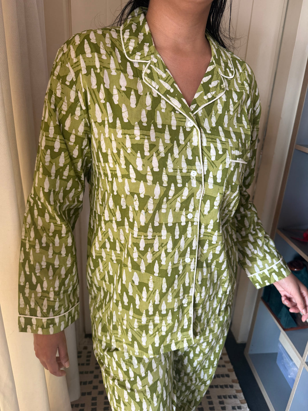 Olive Green Print Cotton Night Suit