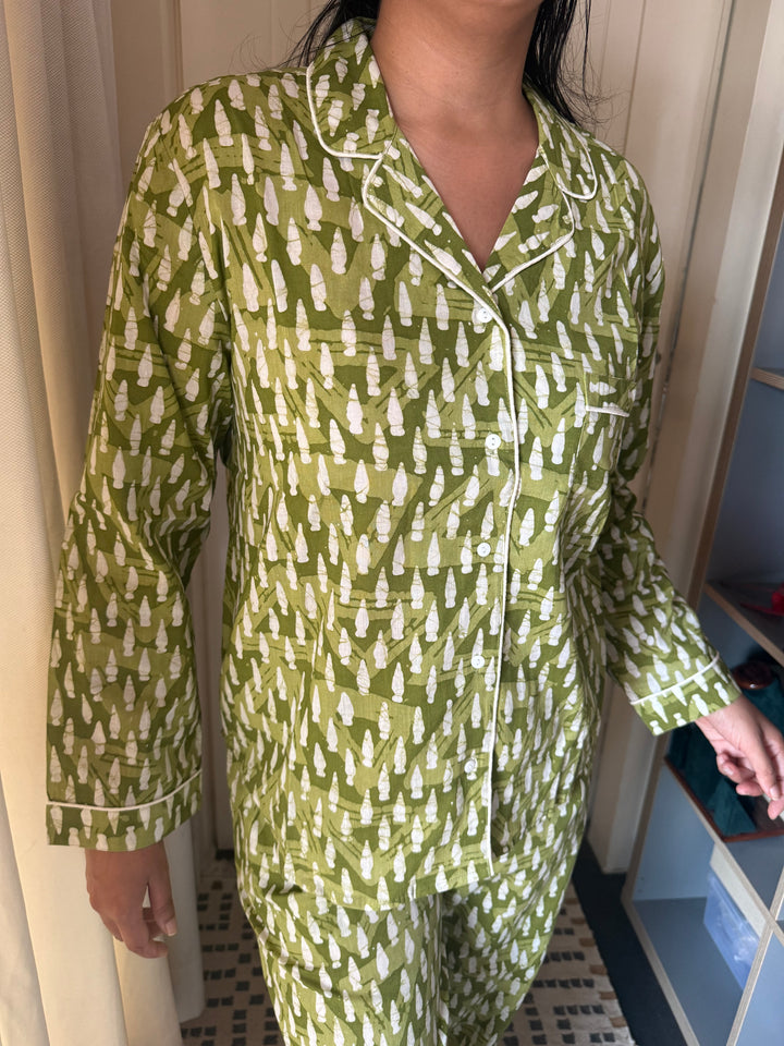 Olive Green Print Cotton Night Suit