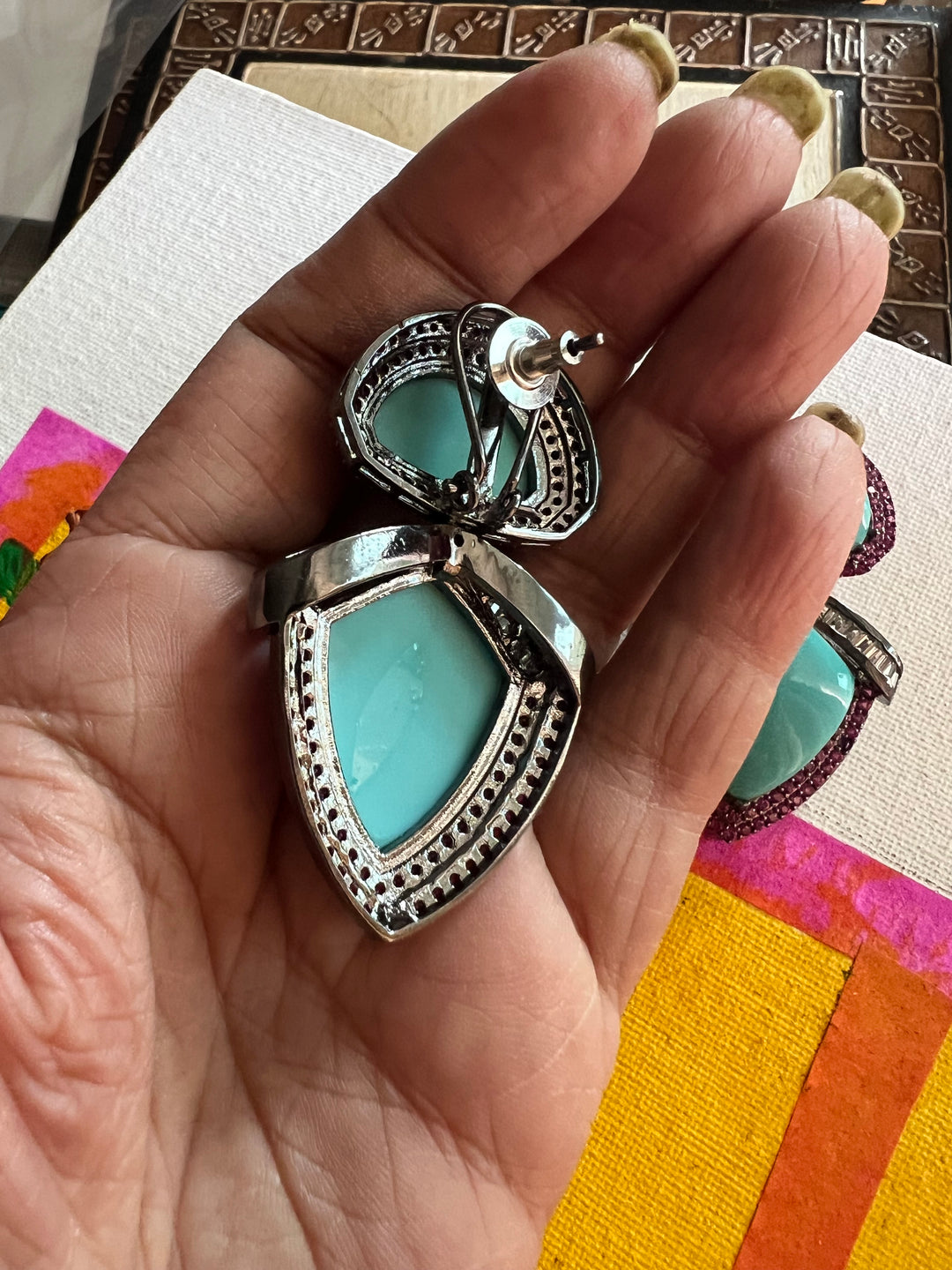 Designer Turquoise Earrings | SHIVKA | Rhodium Plated Festive Statement