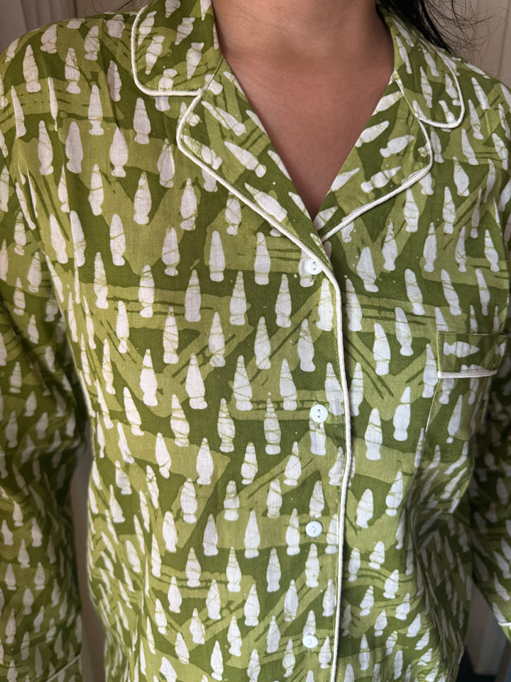 Olive Green Print Cotton Night Suit