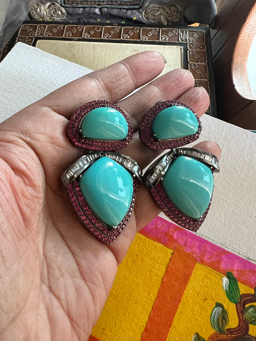 Designer Turquoise Earrings | SHIVKA | Rhodium Plated Festive Statement