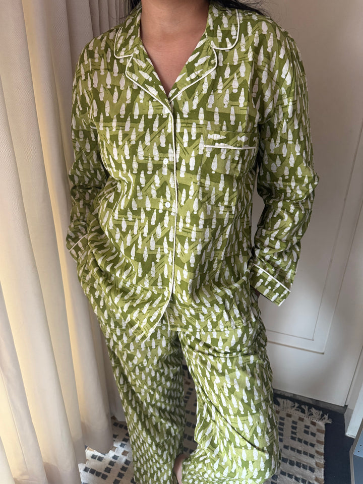 Olive Green Print Cotton Night Suit