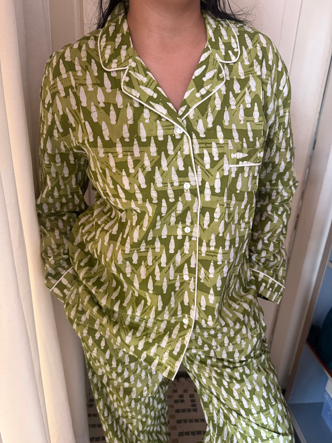 Olive Green Print Cotton Night Suit