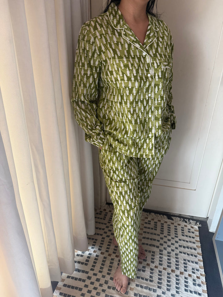 Olive Green Print Cotton Night Suit