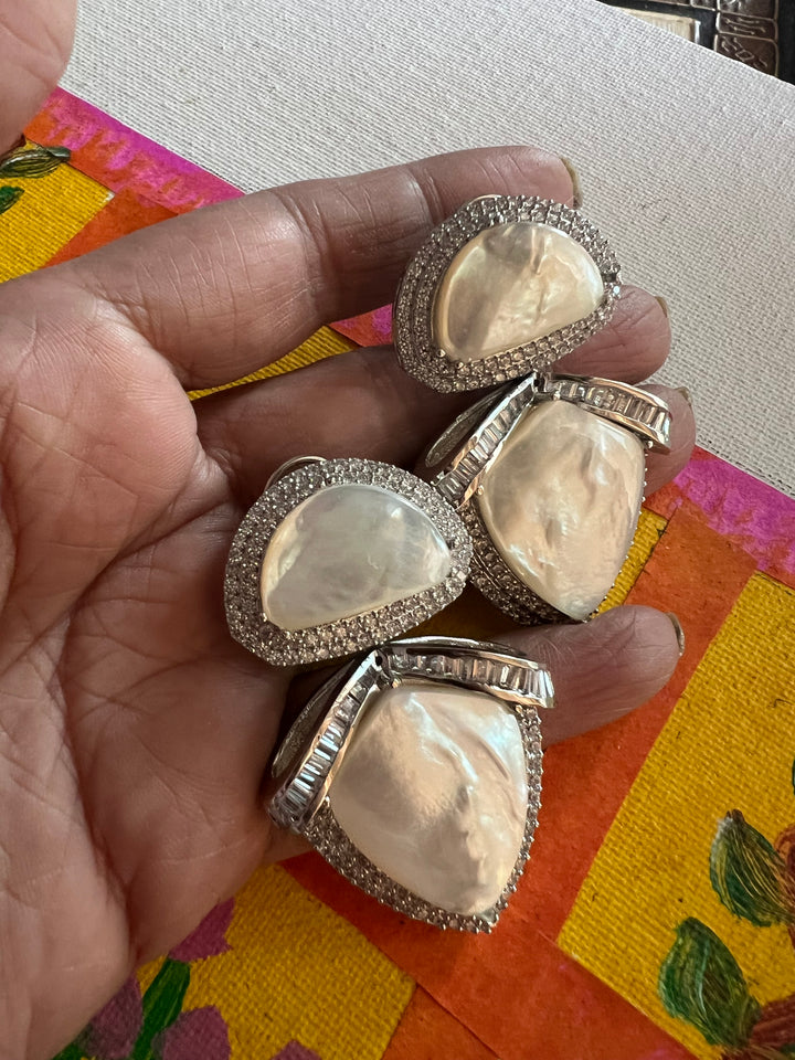 Designer MOP CZ Earrings | SHIVKA | Rhodium Plated Festive Statement