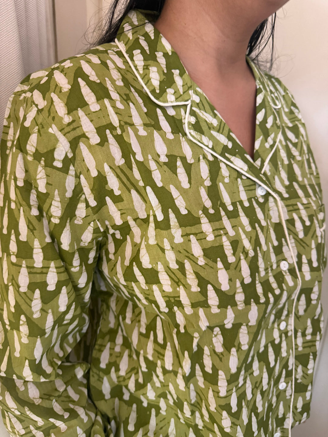 Olive Green Print Cotton Night Suit