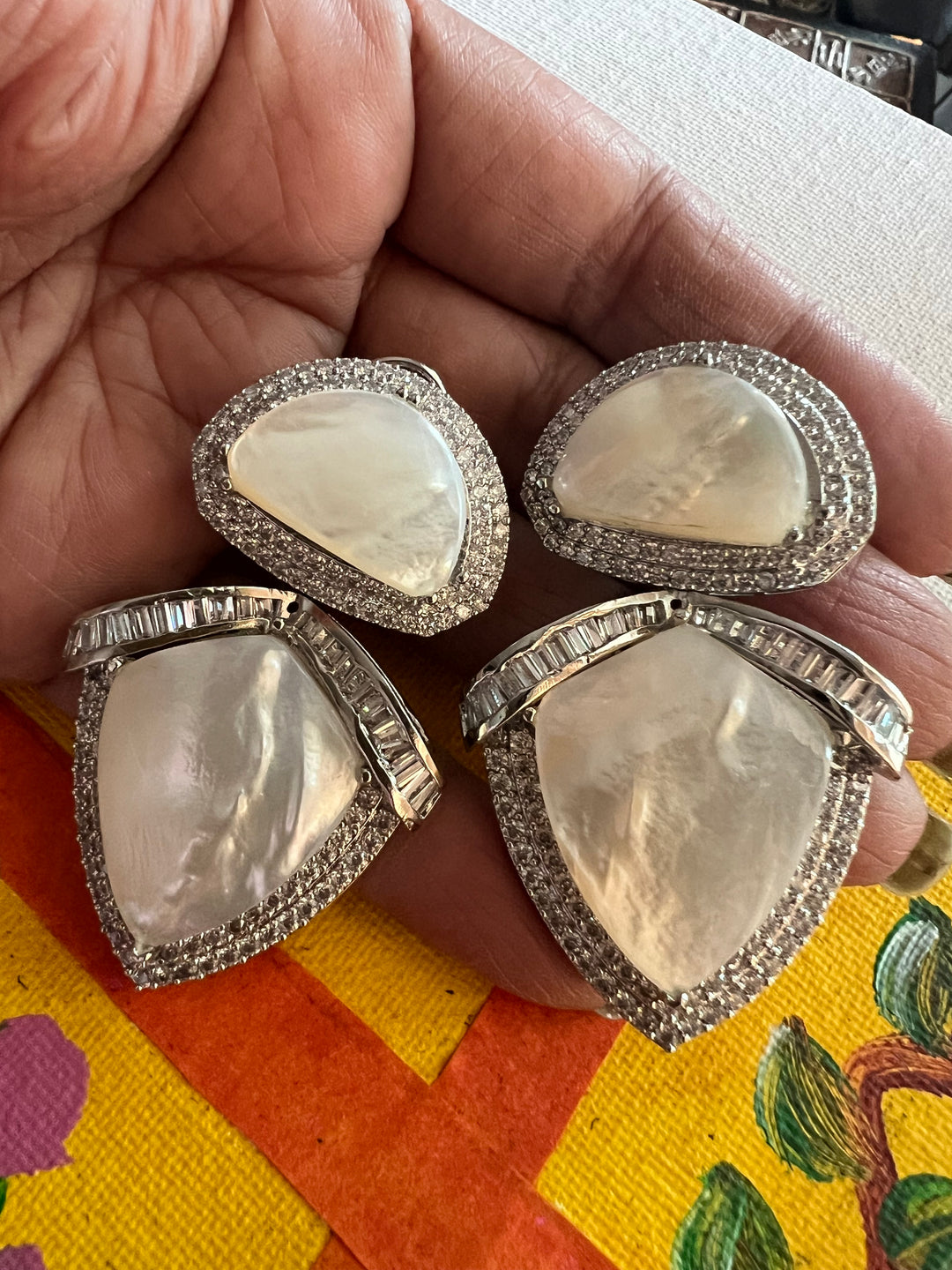 Designer MOP CZ Earrings | SHIVKA | Rhodium Plated Festive Statement