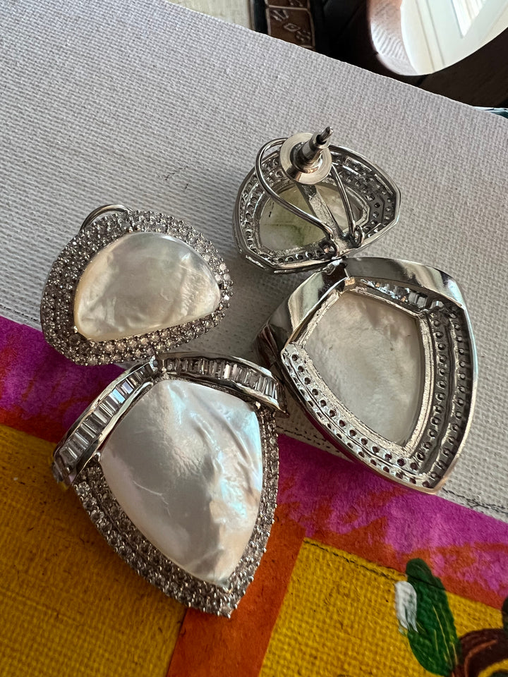 Designer MOP CZ Earrings | SHIVKA | Rhodium Plated Festive Statement