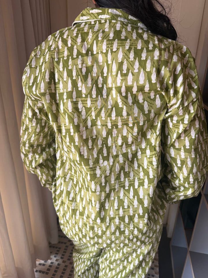 Olive Green Print Cotton Night Suit