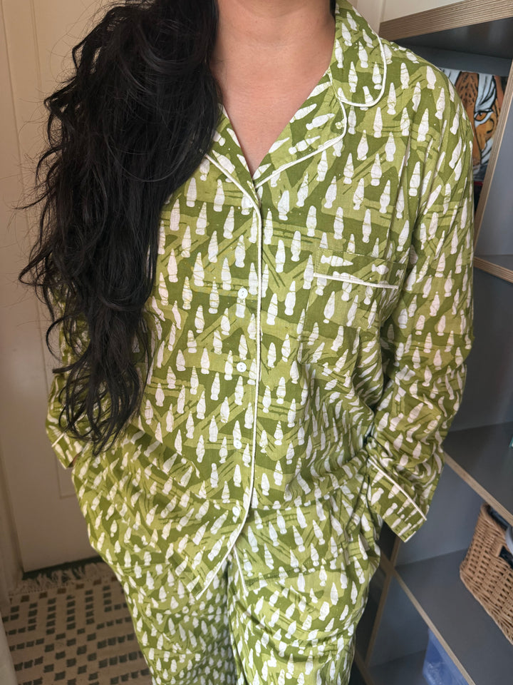Olive Green Print Cotton Night Suit