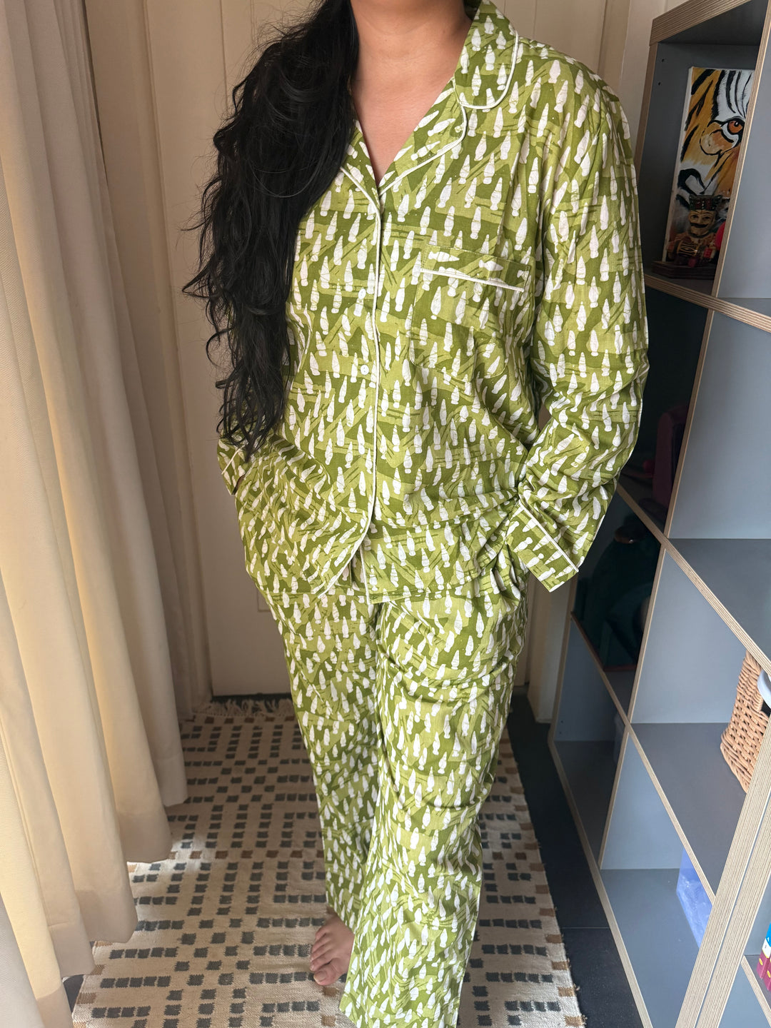 Olive Green Print Cotton Night Suit