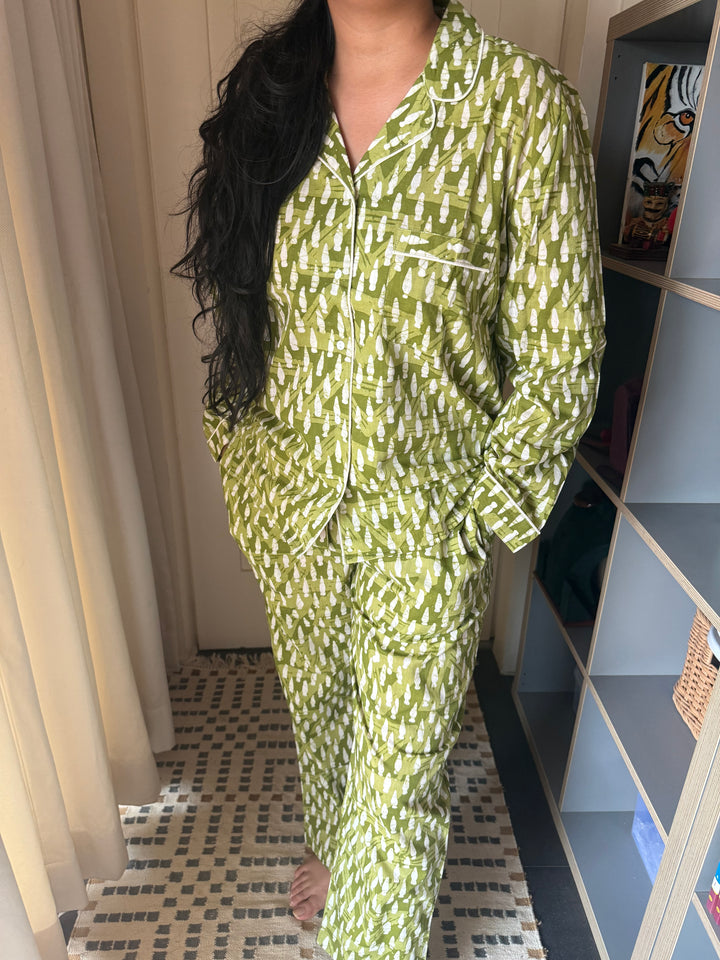 Olive Green Print Cotton Night Suit