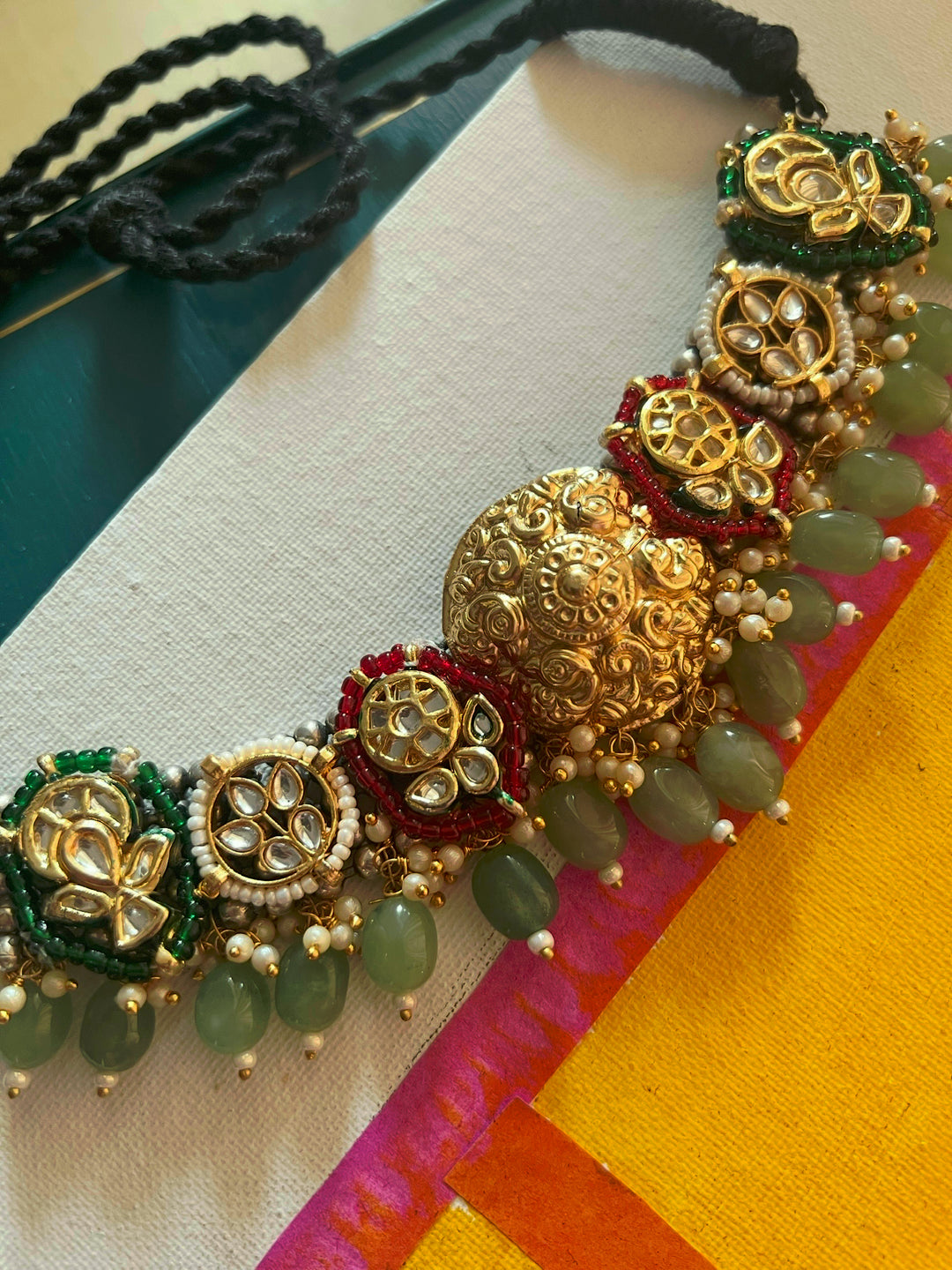 Fusion Designer Choker with Quartz & Mini Pearls | Dual Tone Adjustable Dori Necklace by SHIVKA