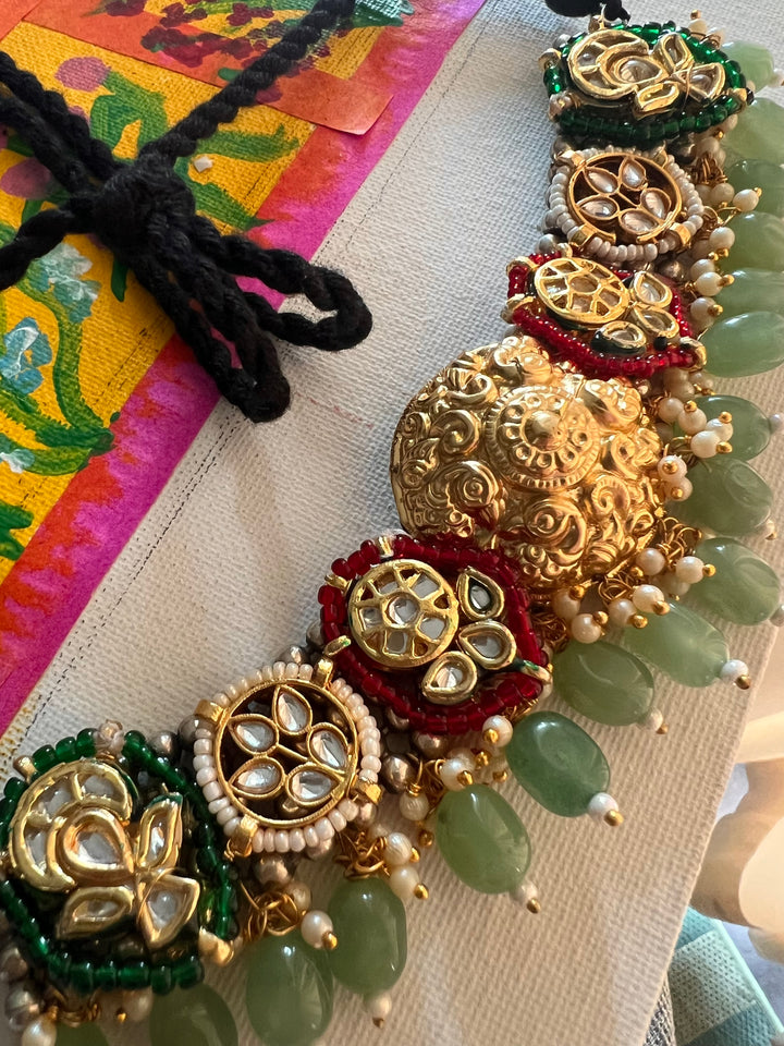 Fusion Designer Choker with Quartz & Mini Pearls | Dual Tone Adjustable Dori Necklace by SHIVKA