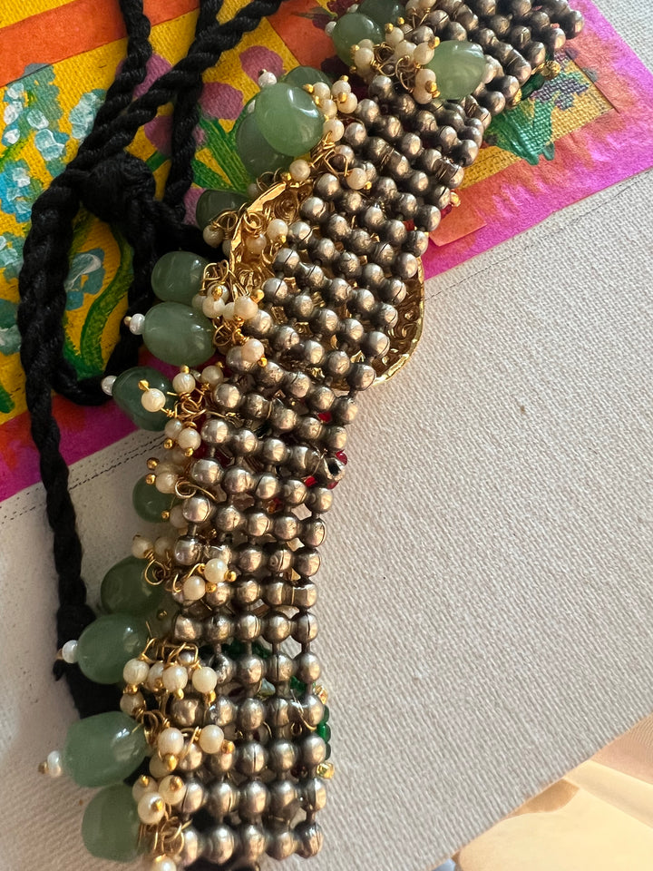 Fusion Designer Choker with Quartz & Mini Pearls | Dual Tone Adjustable Dori Necklace by SHIVKA