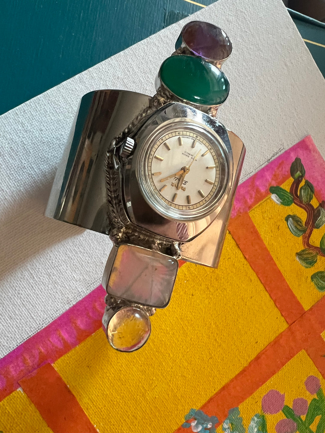 SHIVKA Vintage Watch Open Cuff Bracelet | Rose Quartz & Green Onyx | Adjustable | 75g