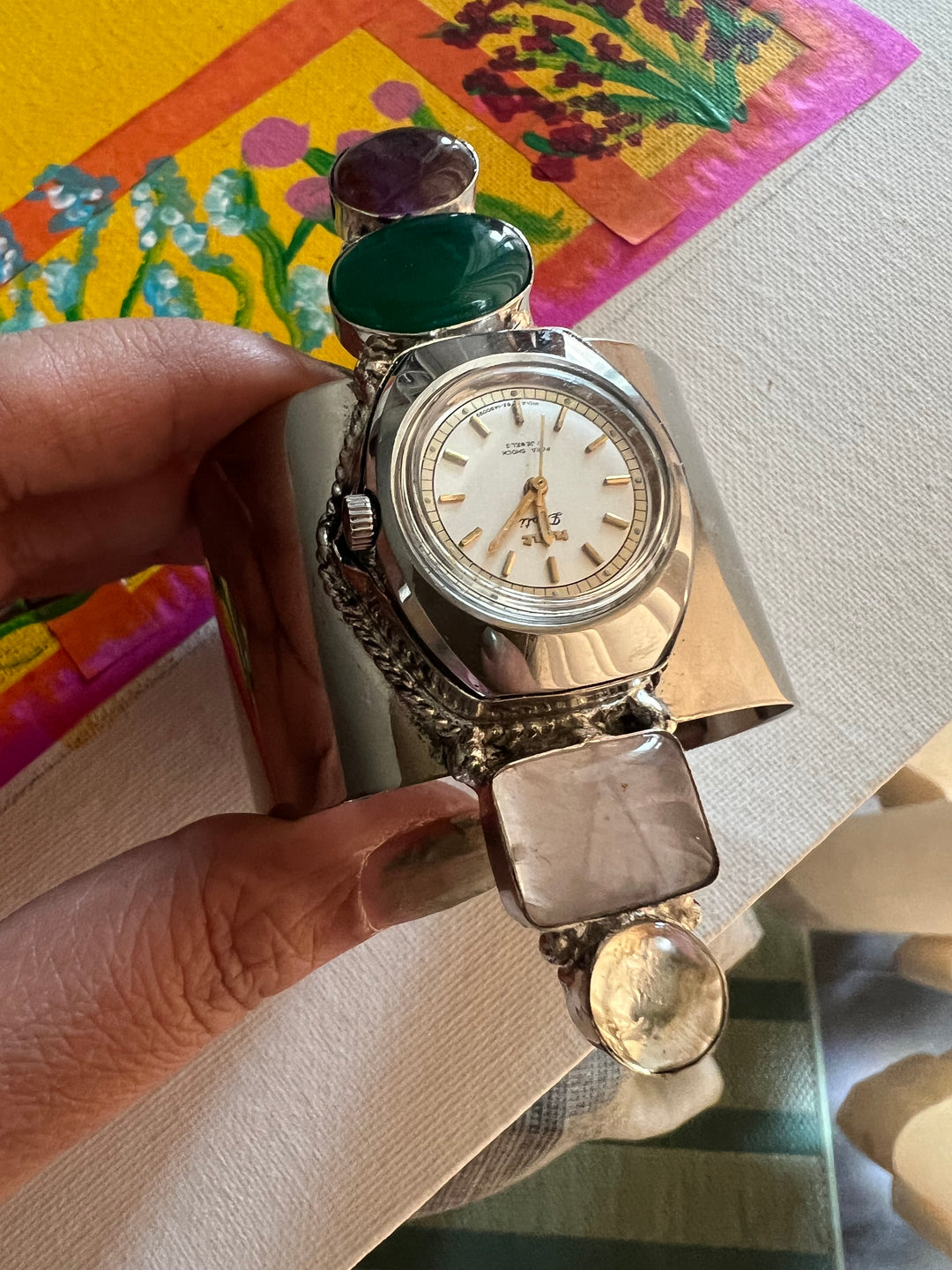 SHIVKA Vintage Watch Open Cuff Bracelet | Rose Quartz & Green Onyx | Adjustable | 75g