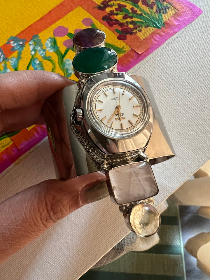 SHIVKA Vintage Watch Open Cuff Bracelet | Rose Quartz & Green Onyx | Adjustable | 75g