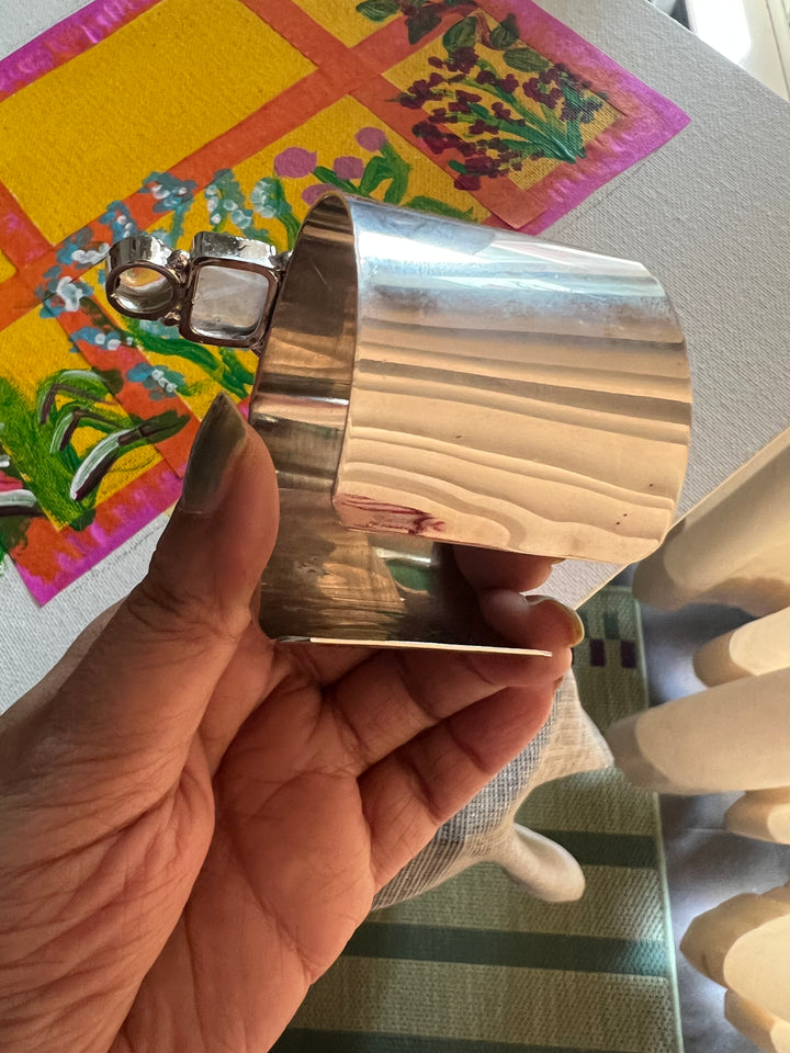 SHIVKA Vintage Watch Open Cuff Bracelet | Rose Quartz & Green Onyx | Adjustable | 75g