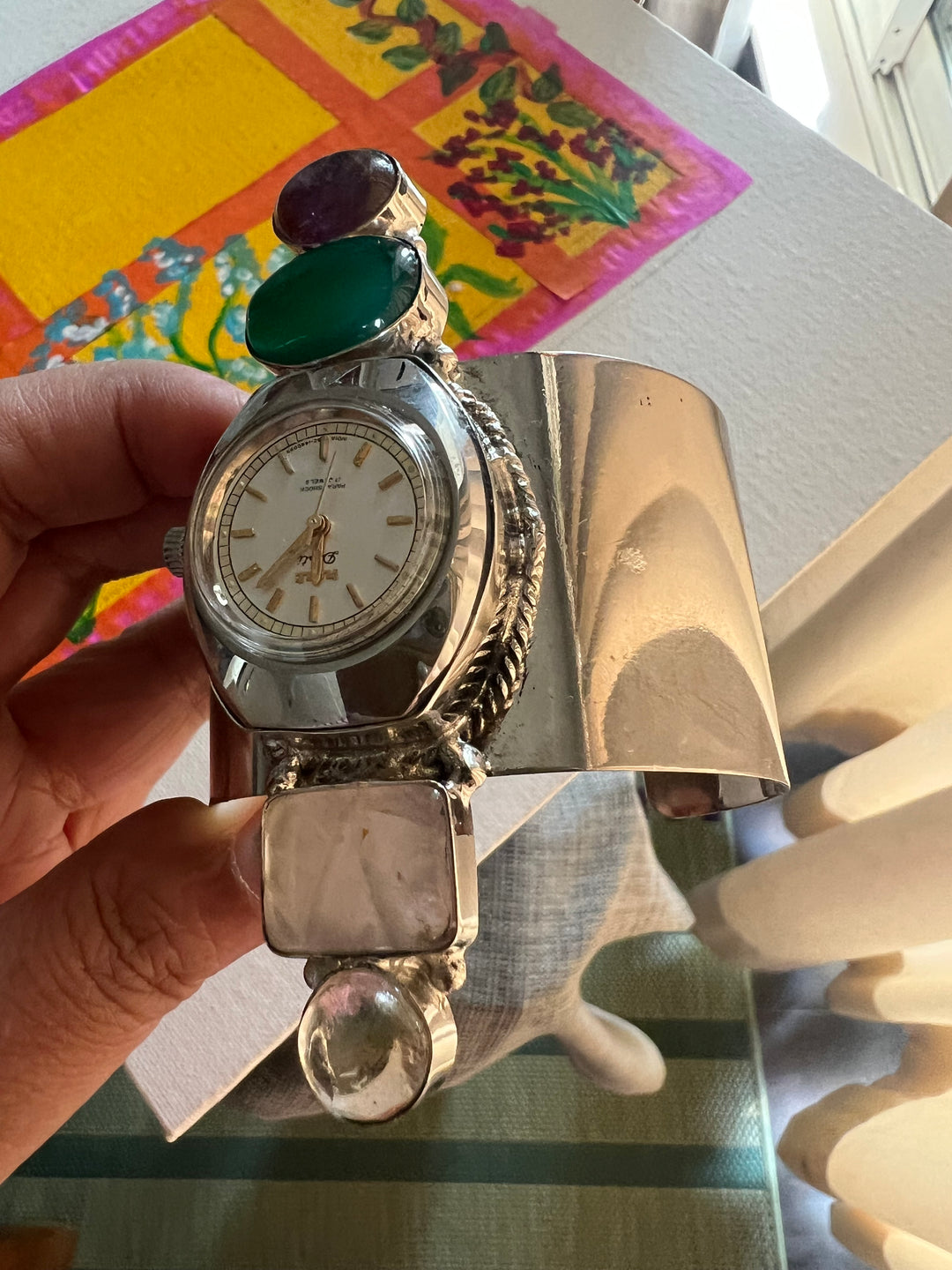 SHIVKA Vintage Watch Open Cuff Bracelet | Rose Quartz & Green Onyx | Adjustable | 75g