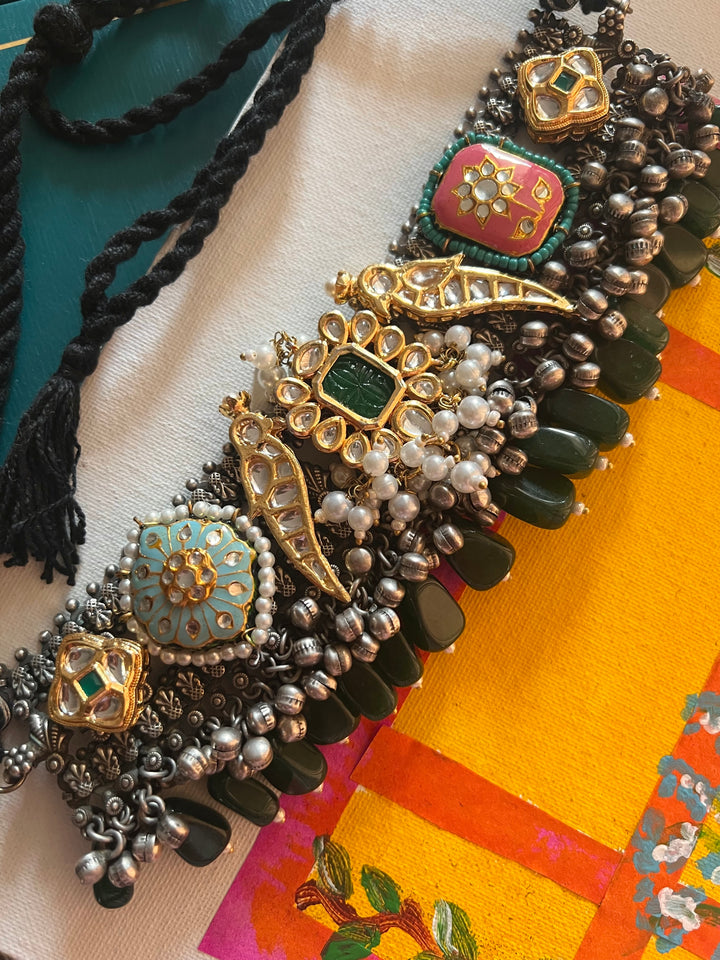 Handmade Fusion Peacock Kundan Choker with Ghungroo | Dual Tone Brass Statement Necklace by SHIVKA
