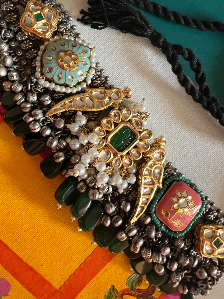 Handmade Fusion Peacock Kundan Choker with Ghungroo | Dual Tone Brass Statement Necklace by SHIVKA