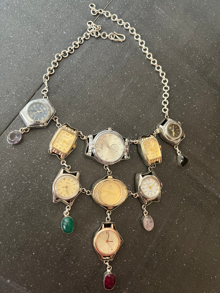 Vintage Watch Statement Necklace with Quartz Stones | Adjustable Hook Closure Brass Necklace by SHIVKA