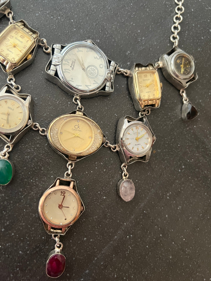 Vintage Watch Statement Necklace with Quartz Stones | Adjustable Hook Closure Brass Necklace by SHIVKA