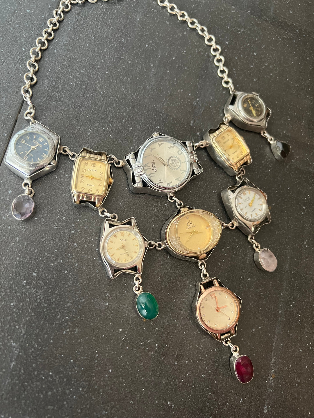 Vintage Watch Statement Necklace with Quartz Stones | Adjustable Hook Closure Brass Necklace by SHIVKA