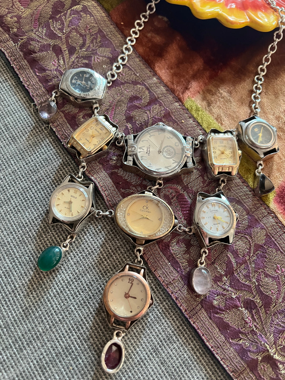 Vintage Watch Statement Necklace with Quartz Stones | Adjustable Hook Closure Brass Necklace by SHIVKA