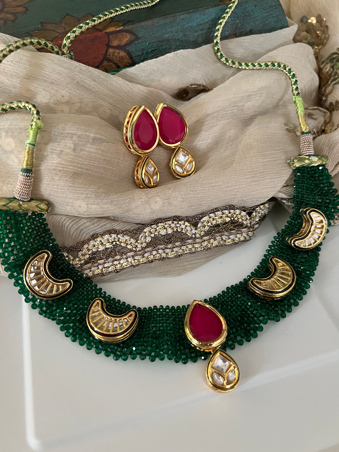 The Chandira Necklace Set | Statement Kundan Mesh Choker Necklace with Earrings