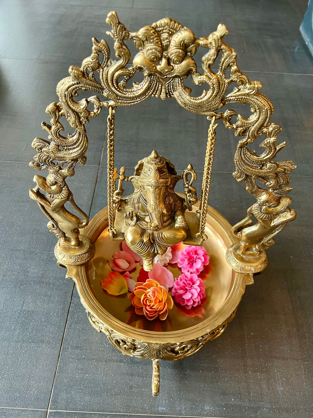 Divine Ganesha Jhoola with Urli - Solid Brass Splendor