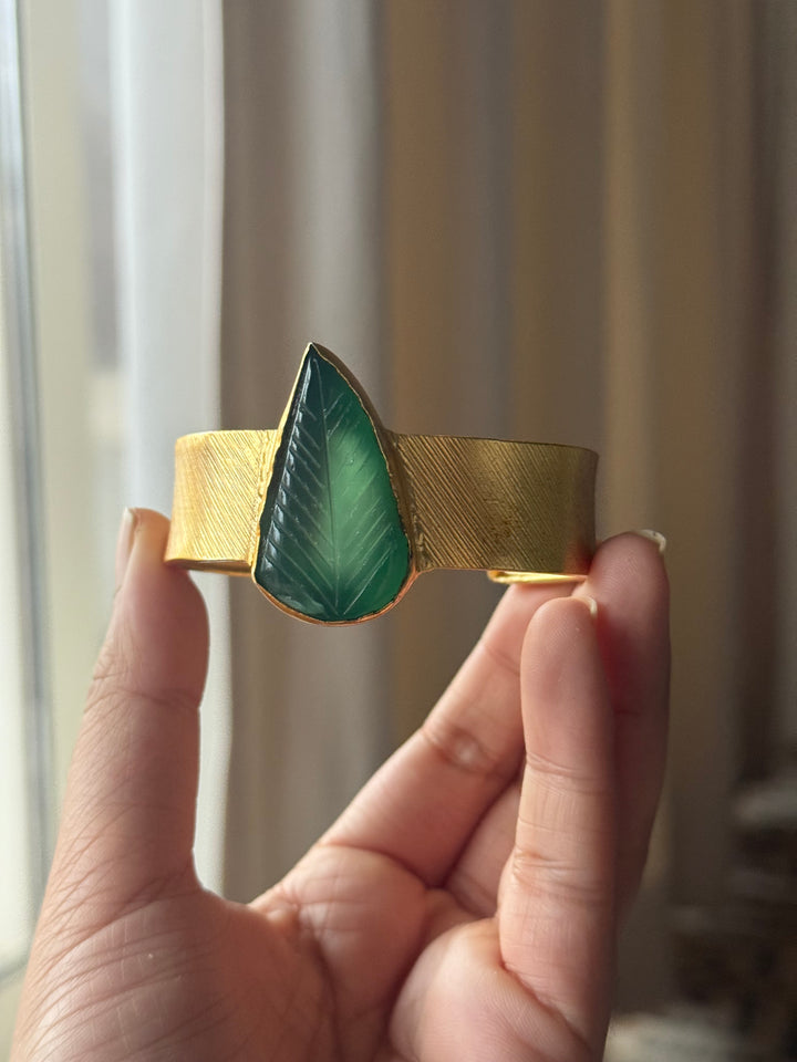 Exquisite Carved Green Onyx Stone Studded Brass Open Cuff - Unparalleled Quality and Style