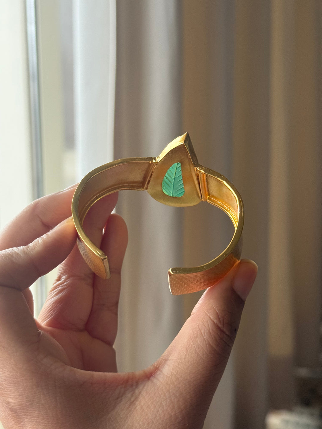 Exquisite Carved Green Onyx Stone Studded Brass Open Cuff - Unparalleled Quality and Style