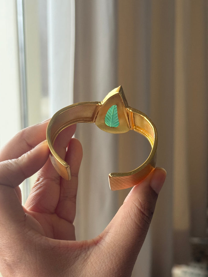 Exquisite Carved Green Onyx Stone Studded Brass Open Cuff - Unparalleled Quality and Style